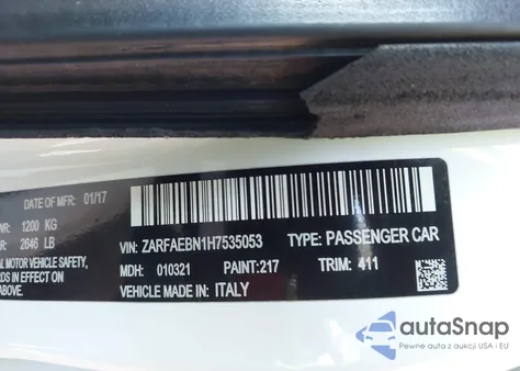 2017 Alfa Romeo Giulia Rwd из США, поврежденный, VIN ZARFAEBN1H7535053